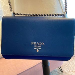 PRADA Saffiano Chain Blue Leather Bag NEW